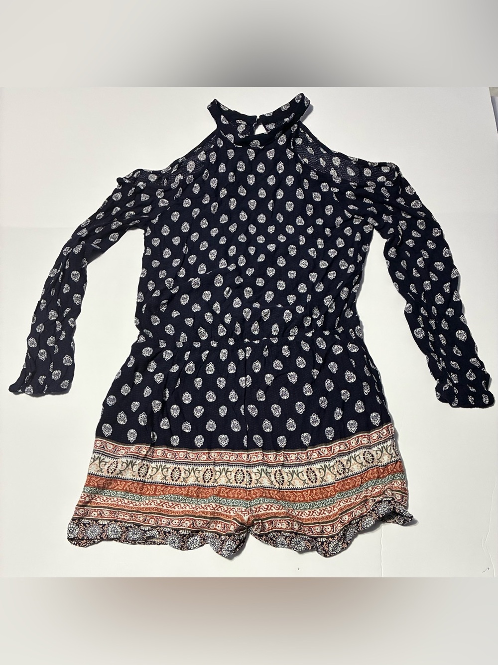 Chloe & Katie Cold Shoulder Boho Romper Navy Floral Border Print Size M